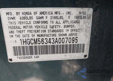 2003 Honda Accord 2.4 Lx из США, поврежденный, VIN 1HGCM56343A007095